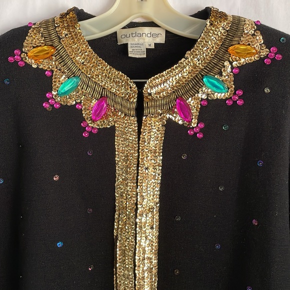 Outlander Cardigan with Gold Trim Sequins and Colorful Jewels, size M - Picture 2 of 9